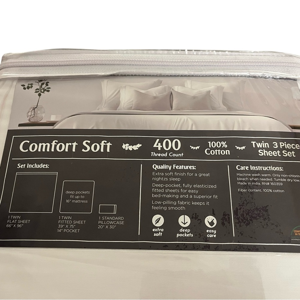 White Twin Sheet Set - 100% cotton - 400 thread count - Picture 2 of 2
